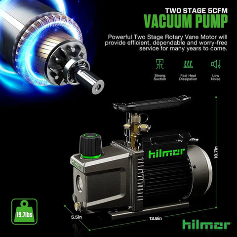 Top Notch 5 CFM HVAC Vacuum Pump With Blank Off Valve For Accurate Readings, 120V, One Half HP, two-stage rotary motor, Hilmor
