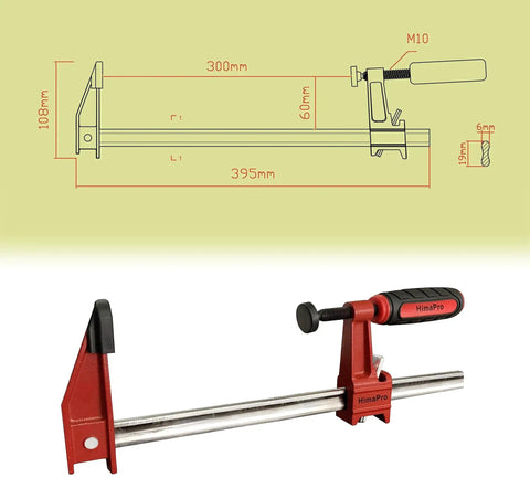 Beefed Up 12 Inch Bar Clamp Set For Woodworking And Metalworking Four Pack With Quick Release Steel F Clamps 600 Pound Load Capacity Built To Hold Glue Adhesive Bonding Nails Or Screws Welding And Bolting DIY Projects By HimaPro, side view with dimensions and design sketch