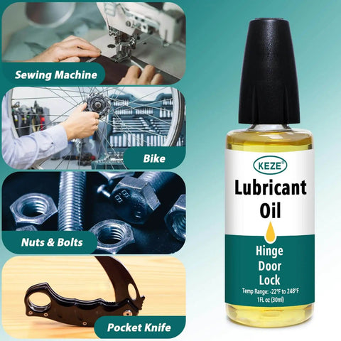 Bottle of Door Hinge Lubricant Oil For No Squeak Fixes And Smooth Operation Multi Purpose Lube with images of applications
