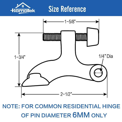 Size diagram of 2 Pack Hinge Pin Black Door Stopper, Adjustable Deluxe Heavy Duty Door Stopper 2-1/2"x1-3/4", with Black Rubber Bumper Tips.