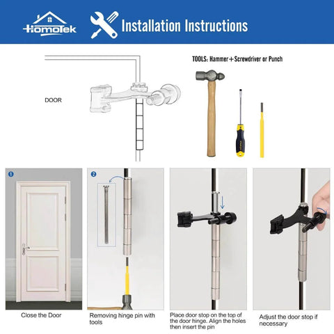 Installation instructions for 6 Pack Hinge Pin Black Door Stopper, tools needed, door hinge illustration, installation steps.