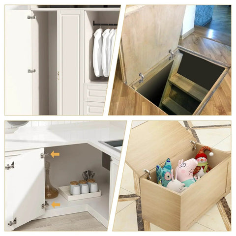 1 Pair 170 Degree Frameless Soft Close Cabinet Hinges installed on wardrobe, trap door, and corner cabinet