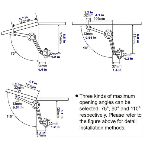 Installation guide for hinges soft close, lid support hinges, lid stay for chest wardrobe closet cupboard, showing angles 75°, 90°, 110°.