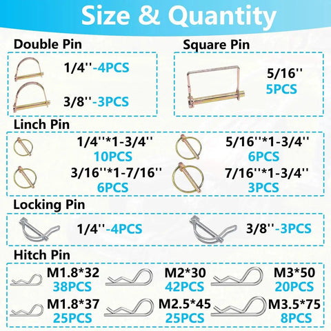 Heavy Duty Hitch Pin Kit 202 Pcs With Clip Pins R Clips Linch Pins PTO Pins size and quantity chart