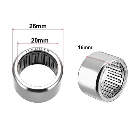 Drawn Cup Needle Roller Bearings HK2016 open end, 20mm bore, 26mm outer diameter, 16mm width, high load capacity, close-up view.