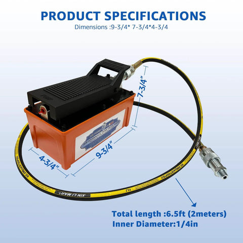 HKTE Air Hydraulic Pump, Pedal-Activated, High-Pressure 10K PSI with dimensions and hose connectors displayed.