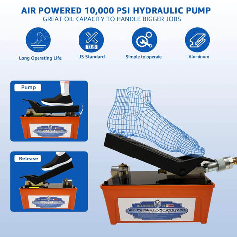 Diagram of HKTE Air Hydraulic Pump, Pedal-Activated, High-Pressure 10K PSI, 0.5 Gallon Tank, with foot pedal operation illustration.