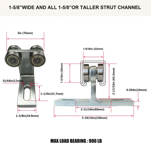 Electric Hoist Installation Roller Trolley Four Wheel Assembly Silent Operation For Use With One And Five Eighths Inches Wide Strut Channel Or Taller Heavy Duty Galvanized Steel Construction Two Way Moving Design, technical diagram with measurements.