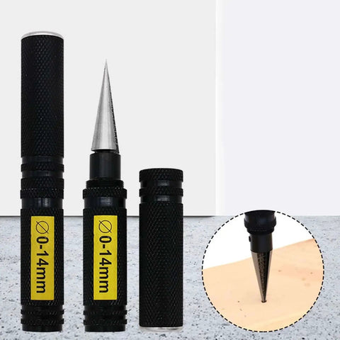0 To 14mm Hole Opener Reamer Drill Punch For Metal And Steel Ideal For Aviation Models And Woodworking DIY Projects Durable Precision Tool For Clean Holes Easy Slip Resistant Handle With Protective Sleeve, shown with cap and in use.