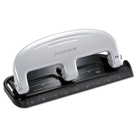 EZ Squeeze 3 Hole Punch 20 Sheet Capacity No Jam Technology, metal body with integrated ruler, front view of hole puncher.