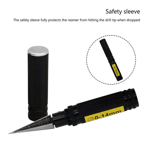 0 To 14mm Model Hole Puncher And Reamer Tool with protective safety sleeve, black alloy body, for aircraft and car shells.