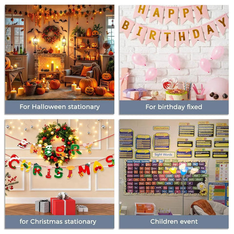 Collage of event decorations: Halloween decor, Happy Birthday banner, Christmas garland, and classroom charts for children.