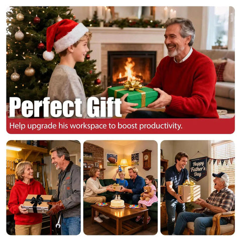 Collage showing festive family moments exchanging gifts for Father's Day and Christmas, featuring smiling people around a Christmas tree and fireplace.