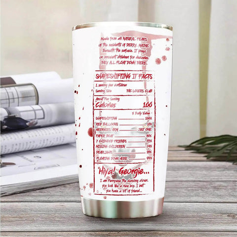 Holiday Horror Tumbler 20oz With Lid, white clown design, spooky text, double wall vacuum, stainless steel travel mug on table