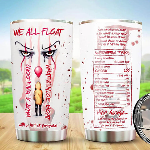 Holiday Horror Tumbler 20oz with lid featuring spooky clown artwork, double wall vacuum travel mug for horror movie lovers, BPA free.