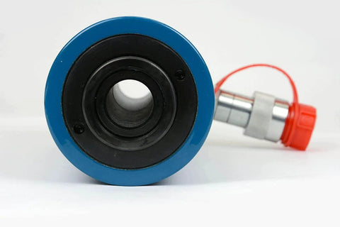Front view of ✝️ Hollow Hydraulic Cylinder Ram 20 TON 4 Inch Stroke with red connector, showing hollow structure and design.