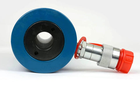 ✝️ Hollow Hydraulic Cylinder Ram 20 TON 4 Inch Stroke, close-up of hollow body and connector, hydraulic cylinder for equipment builds.