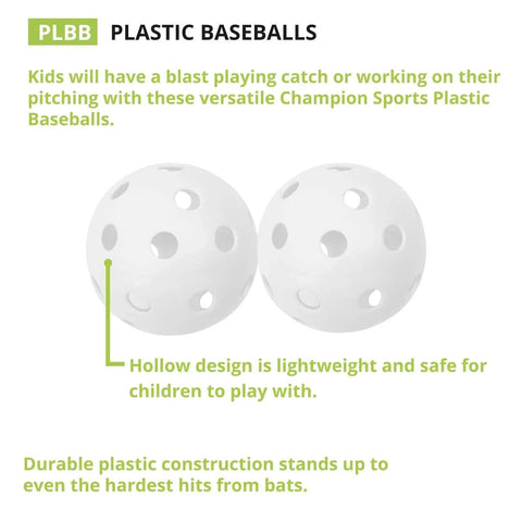 9" Hollow Plastic Baseballs - Athletic Baseball Equipment - Practice Baseballs Plastic Hollow - Regulation Size Balls - Fun for All Ages - Lightweight/Durable - Pack of 12, close-up of two white hollow baseballs