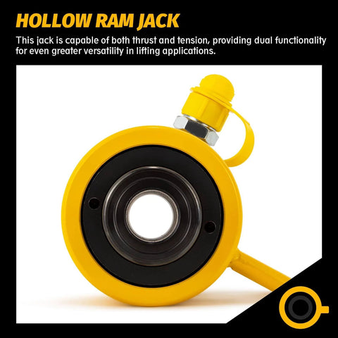 Close-up of yellow 20 ton Hydraulic Hollow Jack Cylinder 2’’ Stroke Porta Power Ram Industrial Lifting Jack Retract Automatically