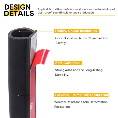 Close-up of Heavy Duty D Shape Weather Stripping Three Eighths Inch By One Quarter Inch Rubber Seal Self Adhesive 10 Feet showing insulation and adhesive features.