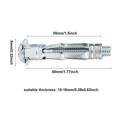 Image of a 25 Pieces Hollow Wall Anchors M4x38mm For Drywall And Plasterboard Molly Bolts Easy Expansion Wall Plugs in silver finish with measurements.
