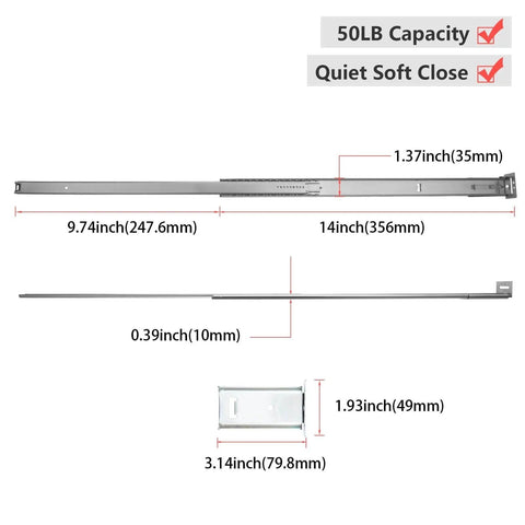 Diagram of homdiy 5 Pack 14 Inch Heavy Duty Center Mount Drawer Slides for Cabinet and Dresser Bottom Mount Drawer Rails dimensions.