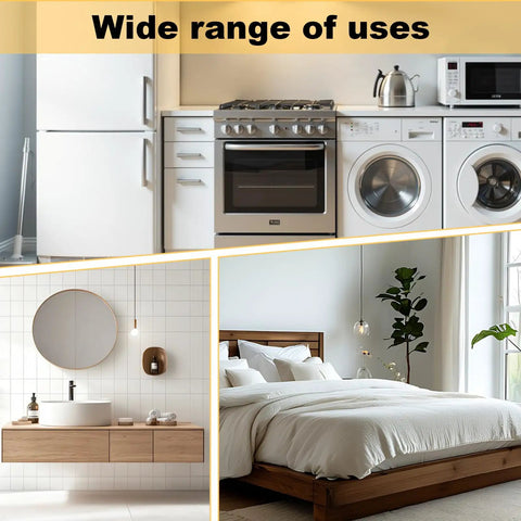 Kitchen appliances, bathroom vanity, and bedroom furniture displayed to show diverse uses of space.