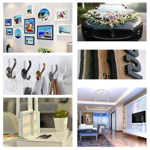 Collage of home decor including wall frames, car flower arrangement, hooks, and modern living spaces, showcasing diverse interior design.