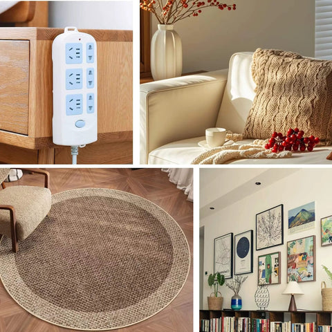 Collage of a power strip on a wooden surface, a cozy living room with a knitted throw, a round woven rug, and a decorated wall.