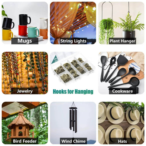 Collage of items hung with hooks: mugs, string lights, plant hanger, jewelry, cookware, bird feeder, wind chime, hats, and 105 Pcs Screw Hooks, 6 Sizes Bronze Cup Hooks, Screw Hooks for Hanging, Metal Cup Hooks Screw in (1/2", 5/8", 3/4", 7/8", 1'', 1-1/4").