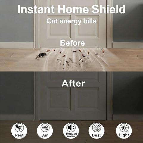 Trisiki weather stripping door seal foam tape 1/2 in x 1/4 in with adhesive installed on a white door with before/after scene