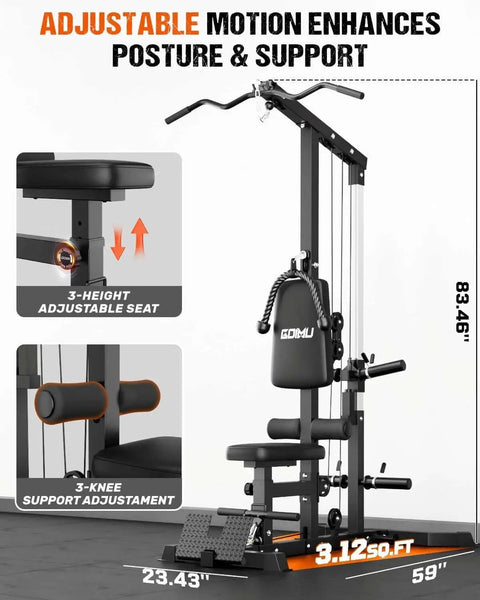 3 In 1 Pulley Station For Home Gym With Lat Pulldown Overhead Movements, Low Row And AB Crunch, adjustable seat and knee support