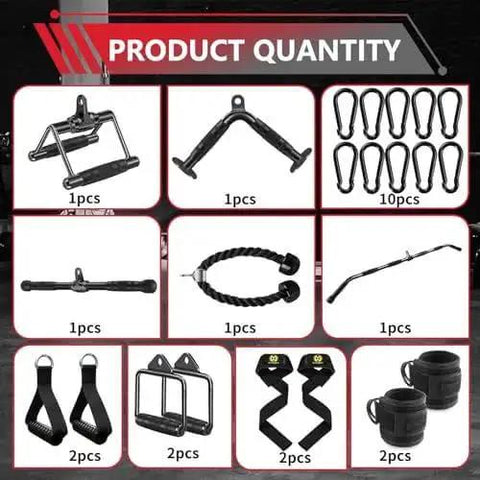Complete Cable Machine Attachments Set For Home Gym Including Lat Pulldown Bar Tricep Rope V Handle V Shaped Bar Straight Rotating Bar Two Single D Handles Two Cable Machine Handles Two Ankle Straps And Eight Snap Hooks displayed with individual quantities.