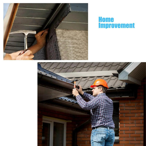 Man using tools for home improvement on roof gutter with hammer and hands.