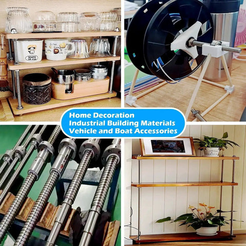 Collage of threaded rods and industrial materials including M4 250mm Fully Threaded Rod Set of Four in 304 Stainless Steel with Right Hand Threads Ideal for Building Frames and Machinery Provides Corrosion Resistant High Strength Fastening Solution for DIY Projects.