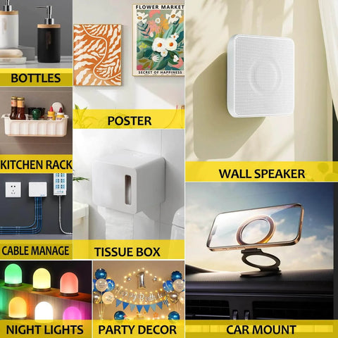 Collage of home gadgets including bottles, kitchen rack, wall speaker, cable management, tissue box, night lights, poster, car mount.