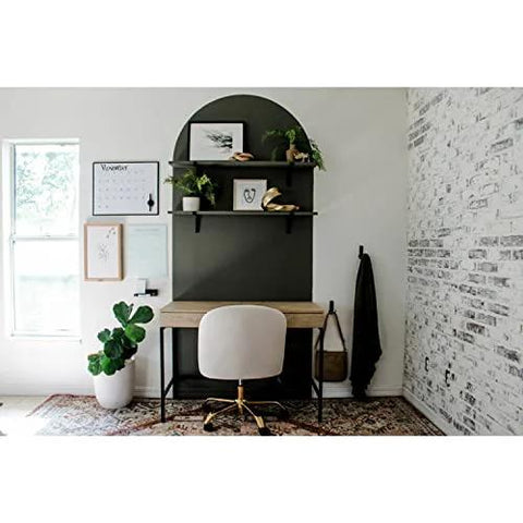 Modern home office setup with wall-mounted shelves featuring Picture Hanger Kit For Frames Up To 5 Lbs With 3 Hangers, 6 Large Strips.