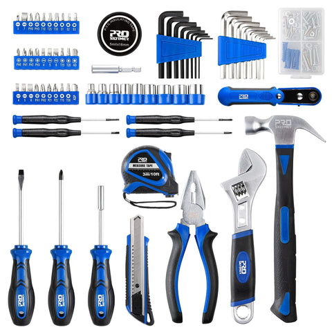 160-Piece Home Repair Tool Kit With Toolbox, Durable Chrome Steel Tools And TPR Grips, arranged in blue case.