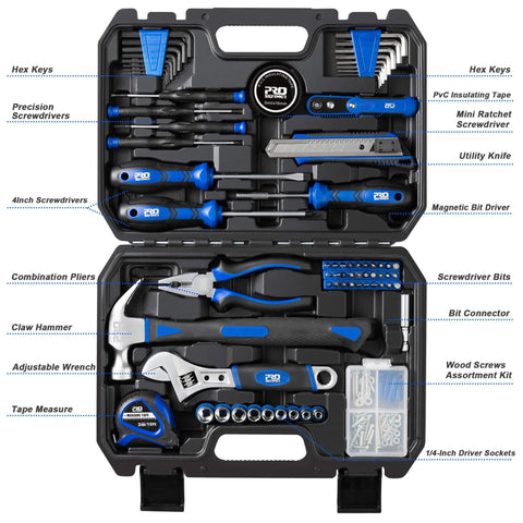 160-Piece Home Repair Tool Kit With Toolbox, Durable Chrome Steel Tools And TPR Grips, in a blue case, open view showing organized tools.