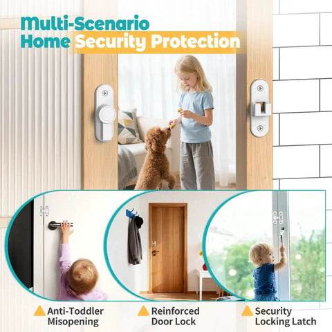 Child-proof locks shown on doors demonstrating multi-scenario home security protection with anti-toddler and security features.
