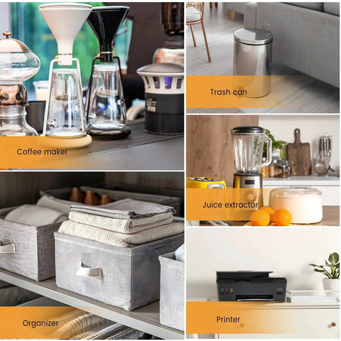 Collage of kitchen and home items including coffee maker, trash can, juice extractor, organizer boxes, and printer in various settings