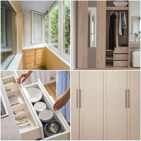 Collage of organized home spaces including a modern wardrobe, kitchen drawer with utensils, balcony with windows, and wardrobe doors.