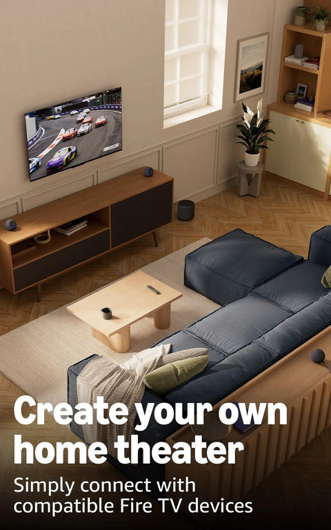 Living room with TV, Echo Dot Max Graphite Finish With Alexa Built In For Room Filling Sound And Deeper Bass, smart home setup.