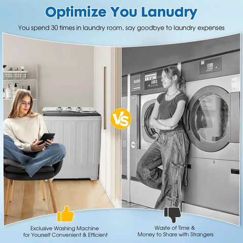 Comparison between a compact portable twin-tub washing machine and a traditional laundromat setting, highlighting home efficiency.
