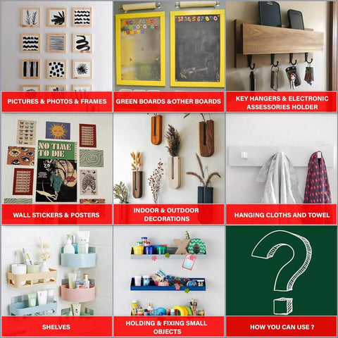 Image illustrating various uses of Ultra Strong Double Sided Tape For Wall Mounting, Clear Nano Adhesive in home settings.