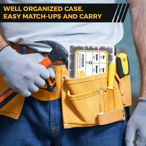 Homwin 512Pcs M6 Bolts and Nuts Kit in tool belt, easy carry, visible packaging