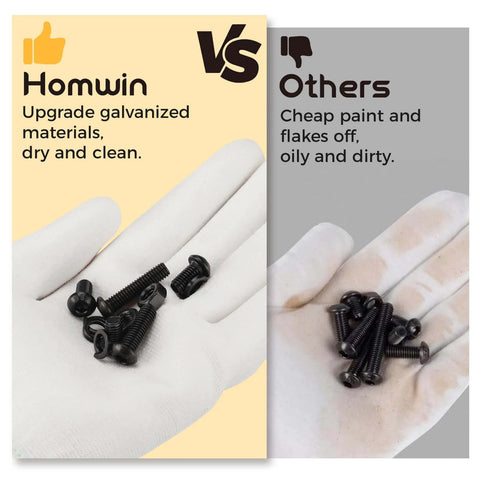 Comparison of Homwin 512Pcs M6 Bolts and Nuts Kit, black galvanized finish vs. other bolts with cheap paint.