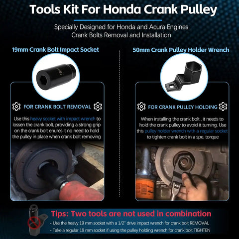 Crank Pulley Tool Kit For Honda And Acura With 19mm Harmonic Balancer Socket And 50mm Crankshaft Pulley Holder Wrench Pro Grade Deep Counter Weighted Socket Tools For Removal And Holding