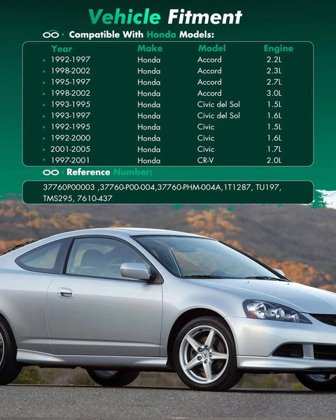 SCITOO coolant temperature sensor 37760-P00-004 vehicle fitment chart and silver sedan below