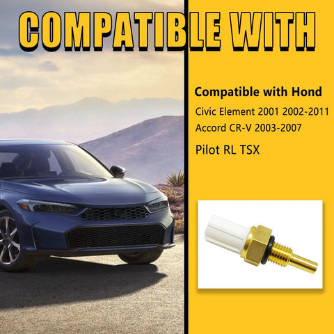 Engine coolant temperature sensor for Honda; brass sensor with white plastic connector on white card, car in background.